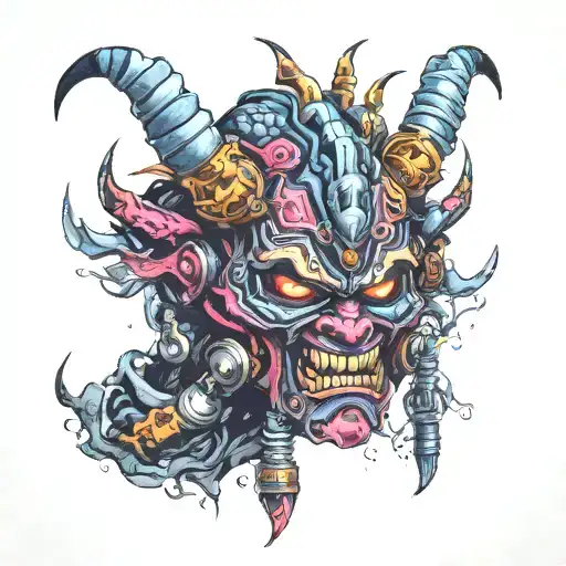 Horror cyberpunk oni mask tattoo design idea