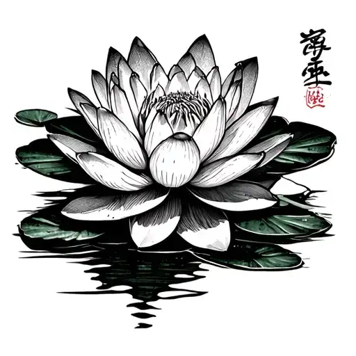 water lily flower with lily pad and kanji for lotus tattoo design idea