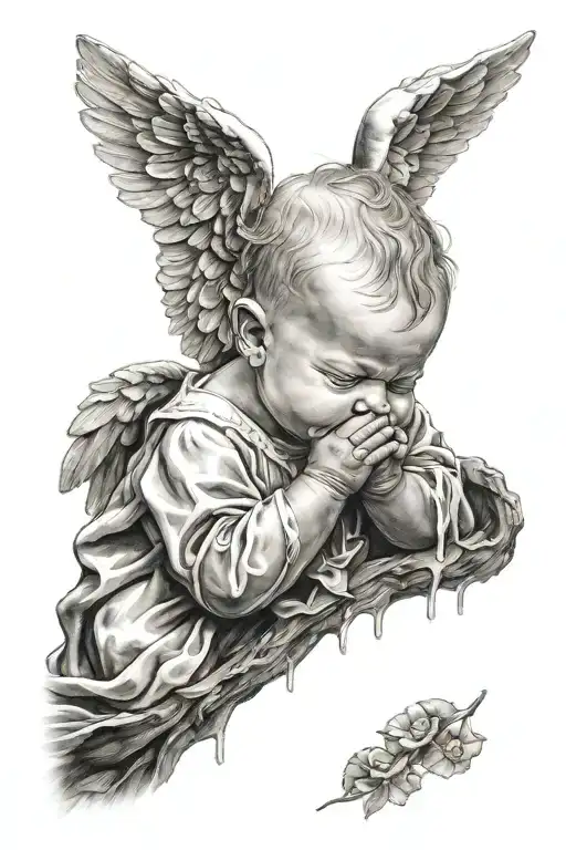 baby angel looking up praying with tears dripping tattoo design idea