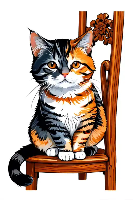 striped cat with a multicolored coat — black, white, ginger, and gray. The cat is sitting on a tall, carved wooden chair tattoo design idea