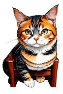 striped cat with a multicolored coat — black, white, ginger, and gray. The cat is sitting on a tall, carved wooden chair tattoo design idea
