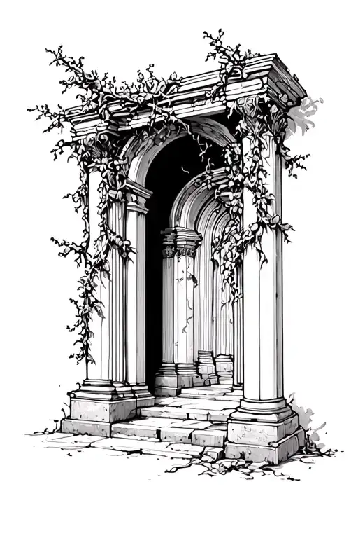Roman pillar archway wrapped in vines with portal opening tattoo design idea