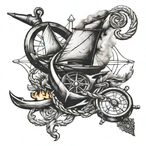 anchor and compass ross campfire with smoke tattoo design idea