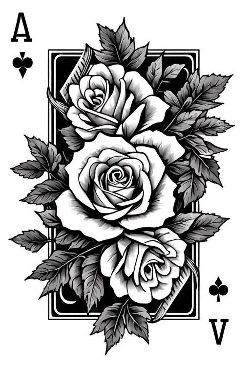playing cards with rose and revolver intertwined in western leaves tattoo design idea