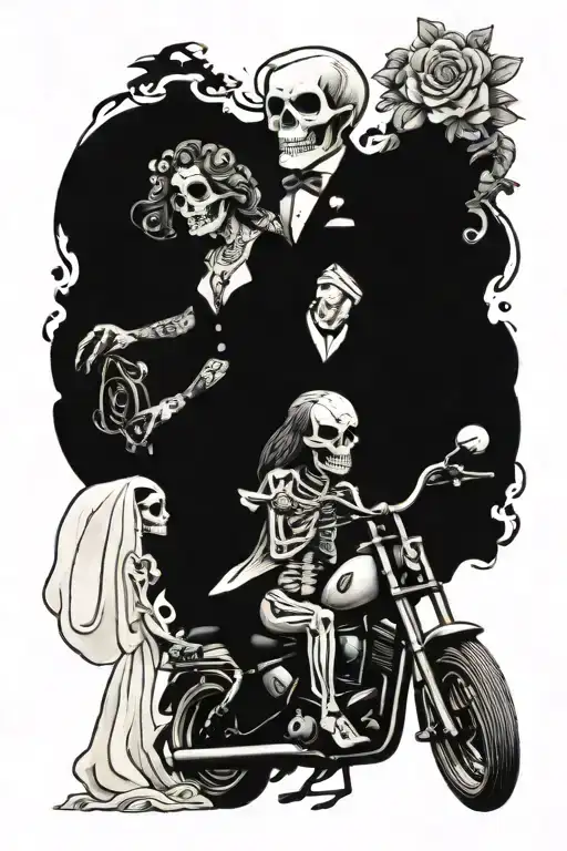 skeleton bride groom motorcycle riding tattoo design idea