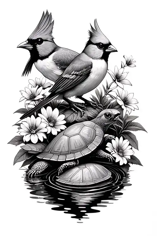 Dear dux Cardinals and turtles surrounding a pond with flowers tattoo design idea