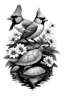 Dear dux Cardinals and turtles surrounding a pond with flowers tattoo design idea