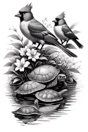 Dear dux Cardinals and turtles surrounding a pond with flowers tattoo design idea