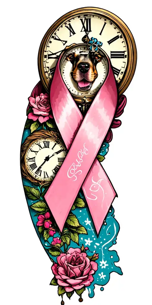 Full sleeve left arm, I have a breast cancer ribbon now. I want to incorporate my dogs paw print, a melting clock, a dec tattoo design idea