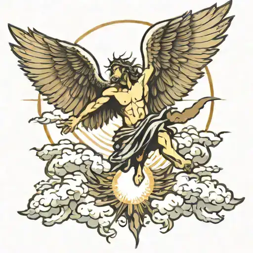 Icarus falling from sky with sun and clouds surrounding tattoo design idea