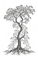 willow tree upside down with roots interwined tattoo design idea