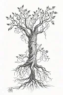 willow tree upside down with roots interwined tattoo design idea