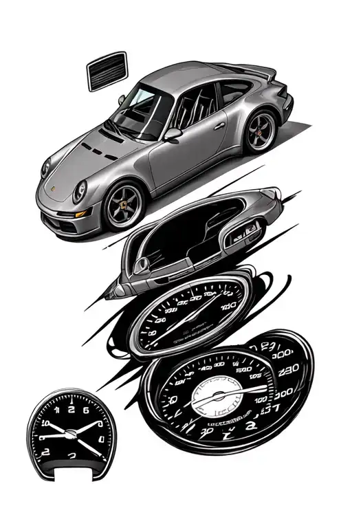 Porsche 911 with speedometer in the background sleeve tattoo design idea