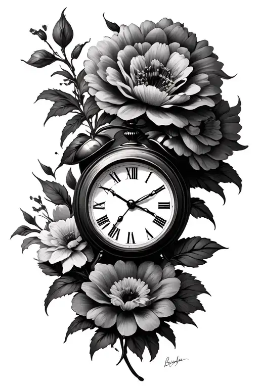 flowers and digital clock tattoo design idea