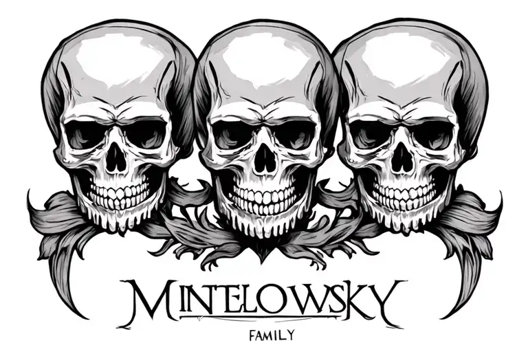 Draw three skulls phrase "Mintelowsky Family" underneath. tattoo design idea