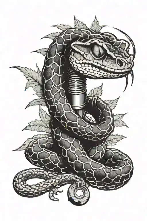 A gaboon viper coiled around a vintage microphone, with cannabis leaves intertwined in the design tattoo design idea