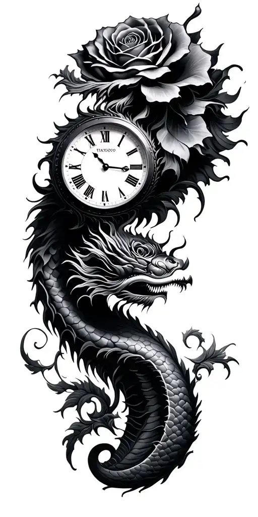 Roses, Clock tattoo, Chinese dragon, Ocean Wave tattoo design idea
