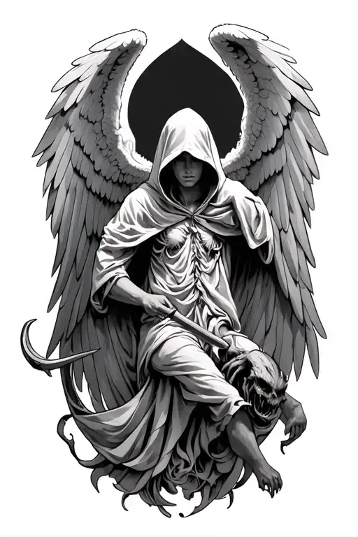 Hooded Angel killing A Demon tattoo design idea