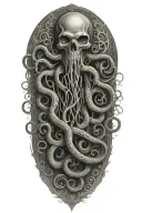 A dark and ominous scene of a kraken emerging from the depths, its tentacles entwined with a skull in a hauntingly beautiful design tattoo design idea
