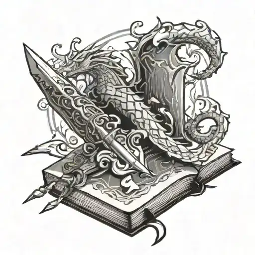 an open book seen from the bottom, with an ornate dagger pointing on the center of the book. with a dragon and a flame tattoo design idea