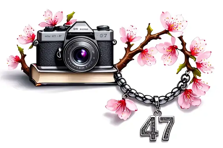 Book, camera, branch with cherry blossoms and number 47 charms bracelet  tattoo design idea
