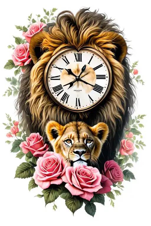 Heart Shaped Clock Lion and Lion Cub surrounded by roses tattoo design idea