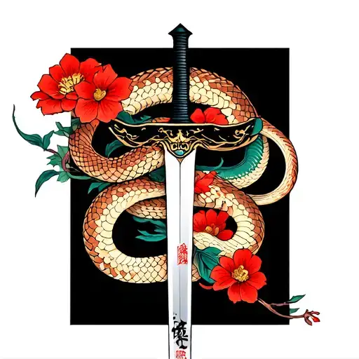 sword, snake, flowers tattoo design idea
