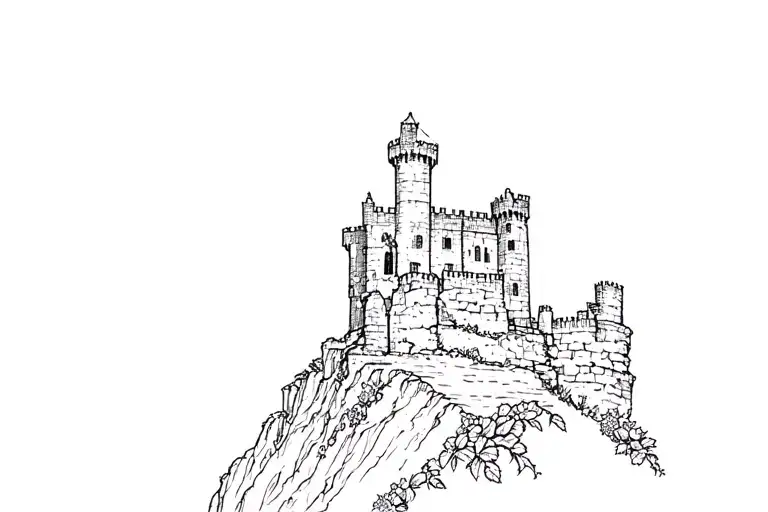 ruins of an Irish castle on a cliff entwined with roses  tattoo design idea