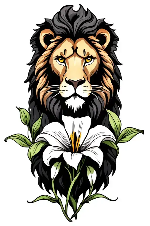 lion with a calla lily and Virgo sign intertwined tattoo design idea