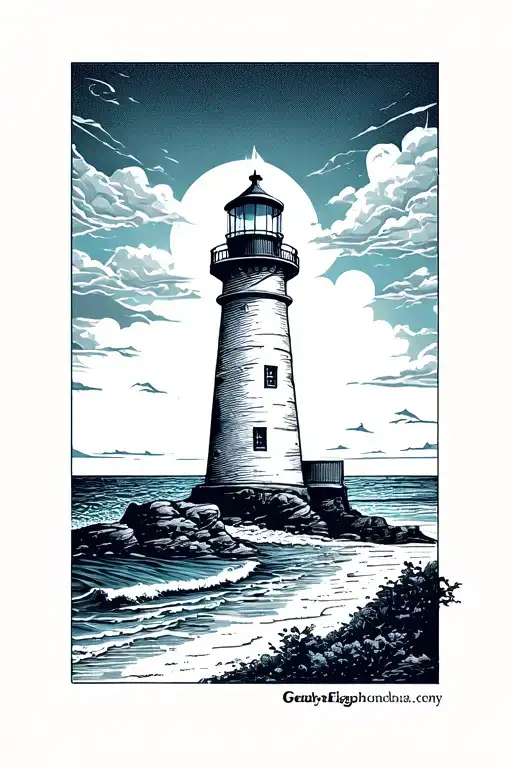 fine line lighthouse on the beach landscape tattoo design idea