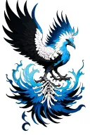phoenix rising from the ashes with his spine in bones, feminine, only blue white and black color, wings to shoulders tattoo design idea