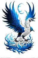 phoenix rising from the ashes with his spine in bones, feminine, only blue white and black color, wings to shoulders tattoo design idea