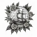Viking longship sailing through a field of roses tattoo design idea