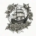 Viking longship sailing through a field of roses tattoo design idea