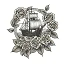Viking longship sailing through a field of roses tattoo design idea