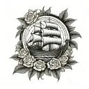 Viking longship sailing through a field of roses tattoo design idea