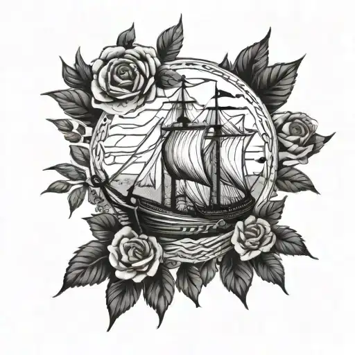 Viking longship sailing through a field of roses tattoo design idea