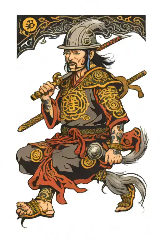 a man who has a face like a gray wolf, wearing a traditional oghuz war iron helmet, show me above shoulder tattoo design idea