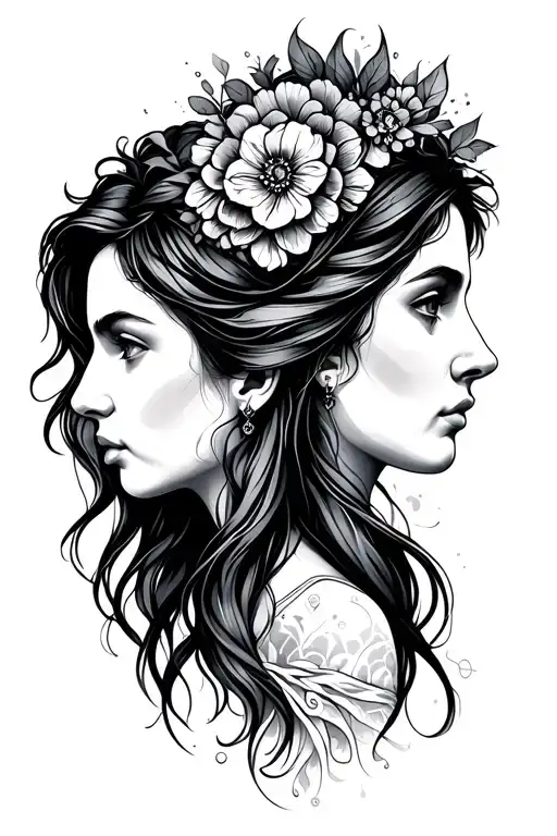 Aquarius and Virgo lady head profile tattoo design idea