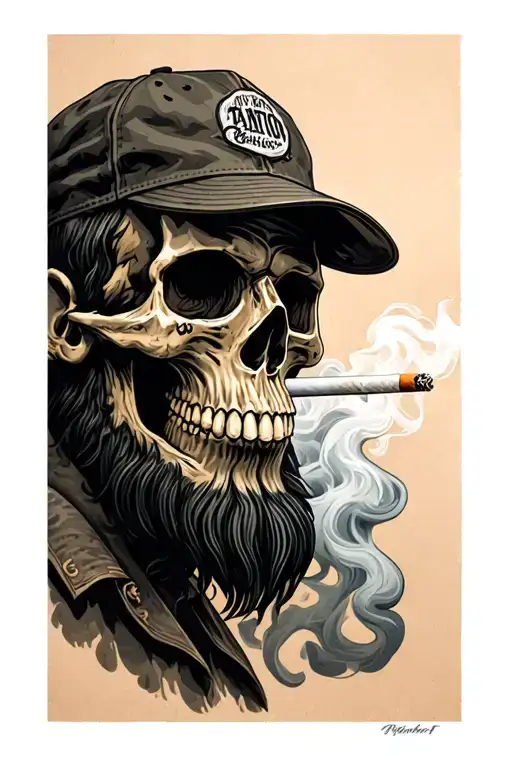 A bearded skull with a cap and a cigarette between his teeth and smoke tattoo design idea
