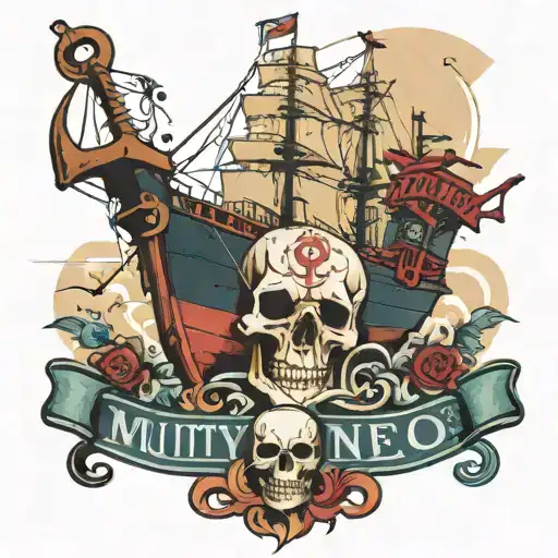 container ship with containers and a skull and an anchor with text below that says Mutiny tattoo design idea