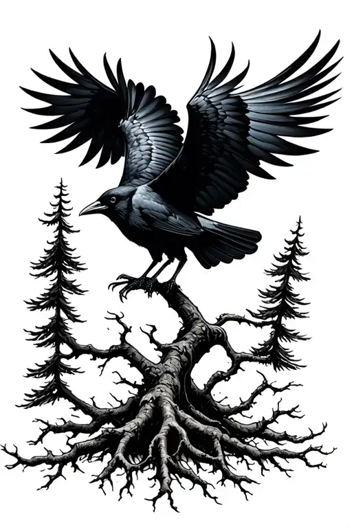 crow flying surrounded by slim pine trees with roots tattoo design idea