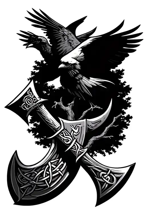 create a tattoo of a Viking axe carried by a crow flying and a tree build of Norse symbols and knots tattoo design idea