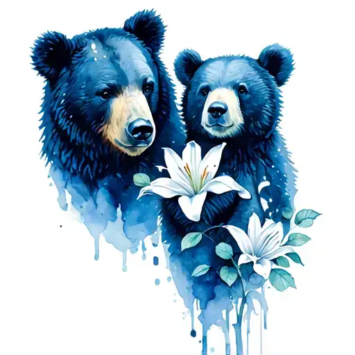 mama bear and baby bear with lilies and roses tattoo design idea
