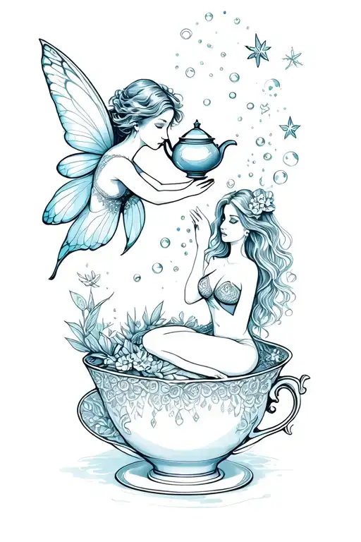 A fairy holding a tea pot purring pixie dust, stars, bubbles and flowers out over top of a mermaid sitting in a tea cup tattoo design idea