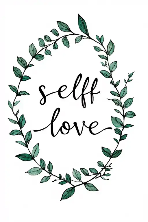 fine line botanicals with self love script throughout and pops of watercolour throughout intertwined vines and leaves  tattoo design idea