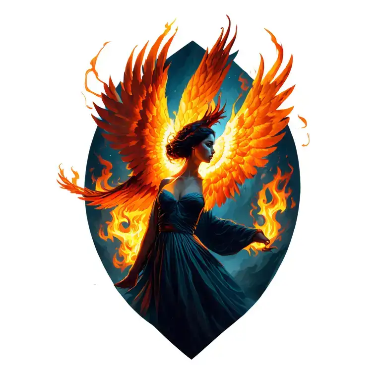 woman rising Phoenix from fire tattoo design idea