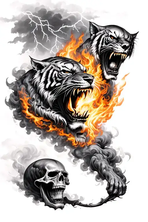 Realistic black and grey sleeve tattoo: stormy sky with lightning, demonic face, fire and smoke with skulls, roaring tig tattoo design idea