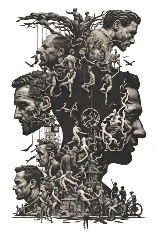 a black silhouette of a man with other silhouettes of people hanging over him tattoo design idea