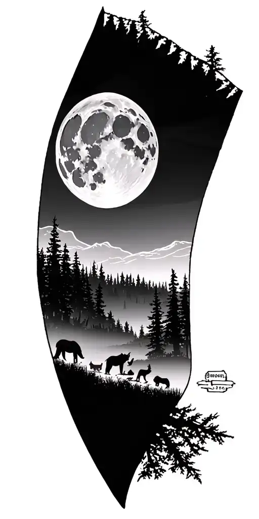 moon over Forest skyline, arrowhead hunting tattoo design idea